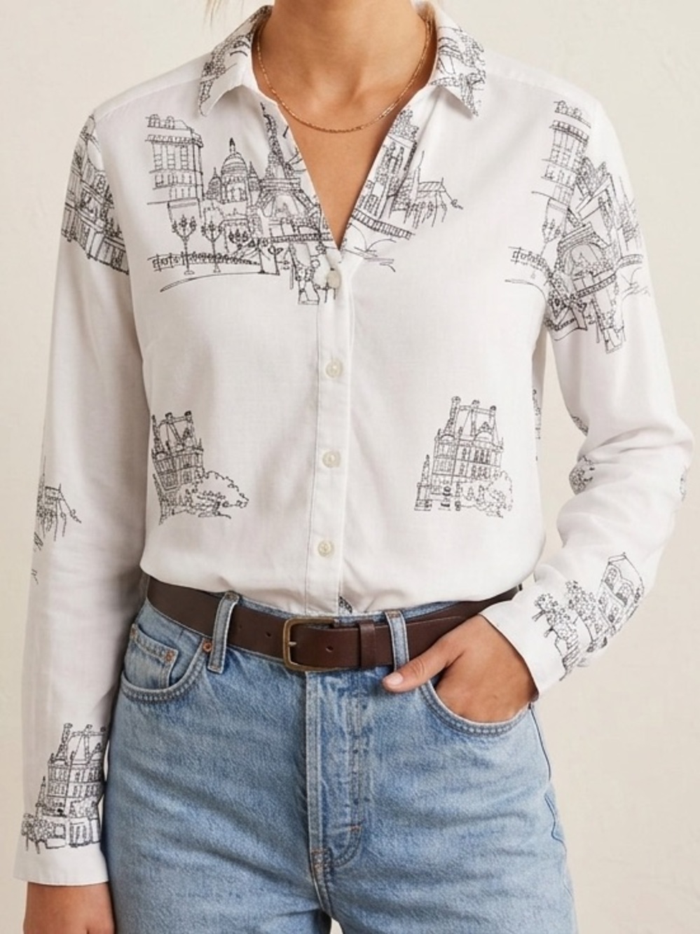 Jane + Delancey Paris Print Blouse XL White Black Button Tab Sleeve Top